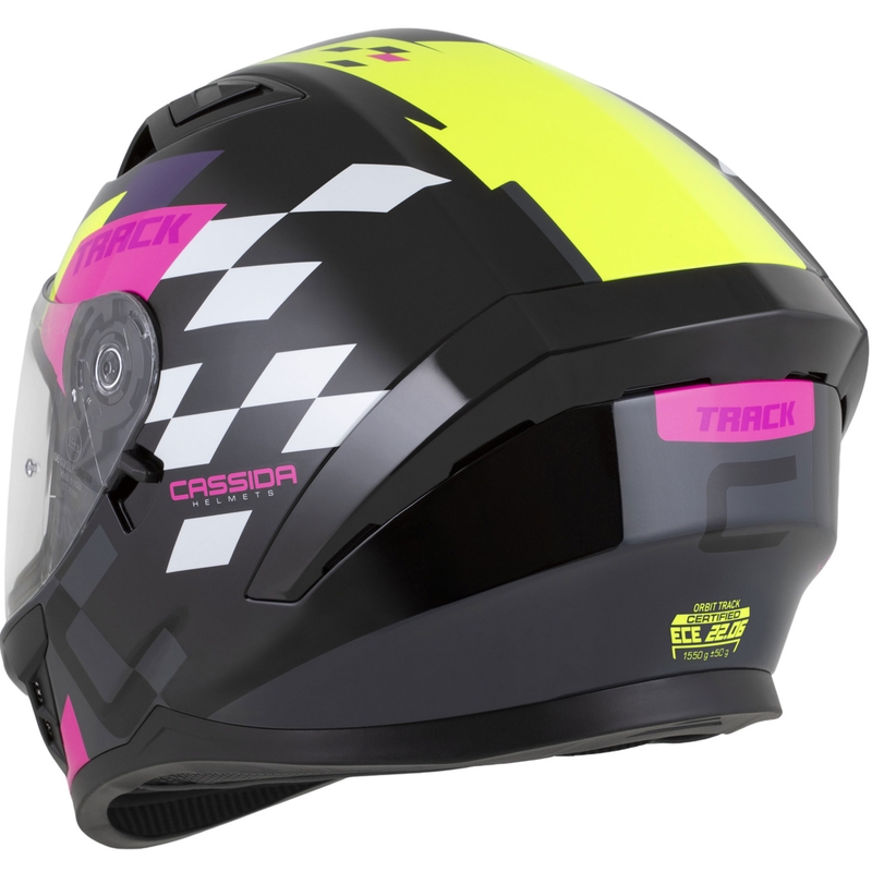 Casco integrale da moto Cassida Orbit Track nero-rosa-viola-giallo fluo-bianco
