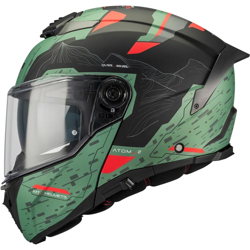 Casco da moto flip-up MT Atom 2 SV Highlands C6 verde-nero-rosso opaco
