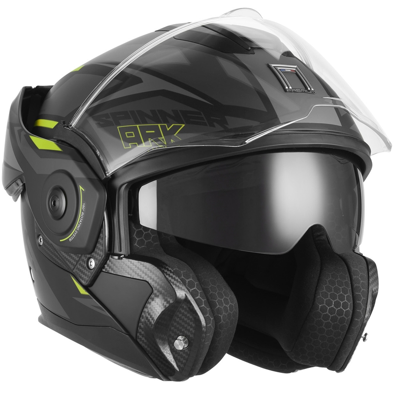 Casco da moto flip-up NOX PREMIUM Spinner Ark nero opaco-giallo fluo
