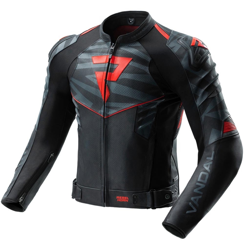 Giacca da moto in pelle Rebelhorn Vandal 2 nera-grigia-rosso fluo