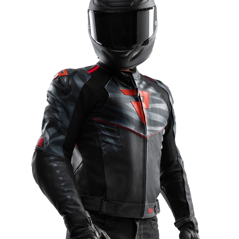 Giacca da moto in pelle Rebelhorn Vandal 2 nera-grigia-rosso fluo