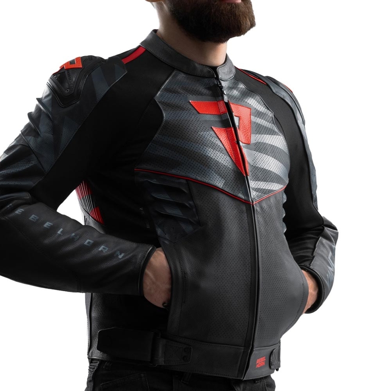 Giacca da moto in pelle Rebelhorn Vandal 2 nera-grigia-rosso fluo