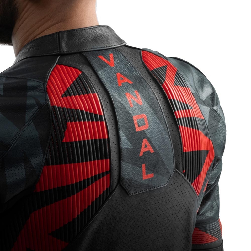 Giacca da moto in pelle Rebelhorn Vandal 2 nera-grigia-rosso fluo