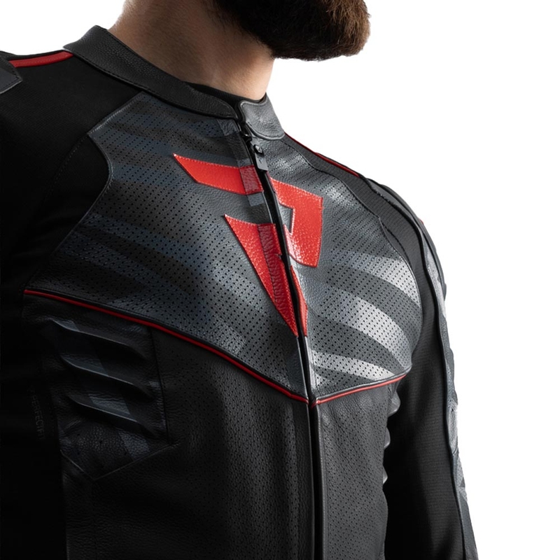 Giacca da moto in pelle Rebelhorn Vandal 2 nera-grigia-rosso fluo