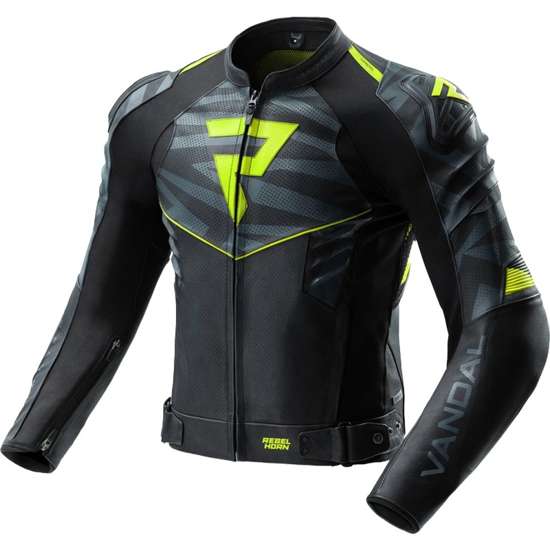 Giacca da motociclista in pelle Rebelhorn Vandal 2 nera-grigia-giallo fluo