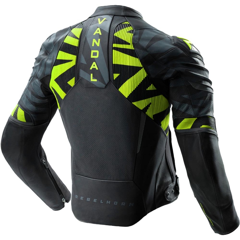 Giacca da motociclista in pelle Rebelhorn Vandal 2 nera-grigia-giallo fluo
