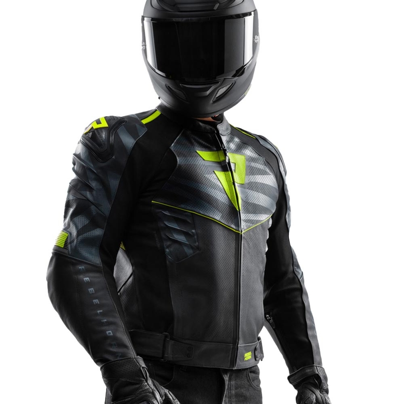 Giacca da motociclista in pelle Rebelhorn Vandal 2 nera-grigia-giallo fluo
