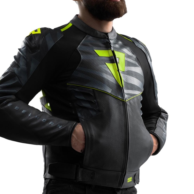 Giacca da motociclista in pelle Rebelhorn Vandal 2 nera-grigia-giallo fluo