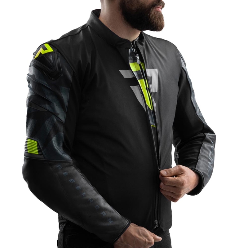 Giacca da motociclista in pelle Rebelhorn Vandal 2 nera-grigia-giallo fluo