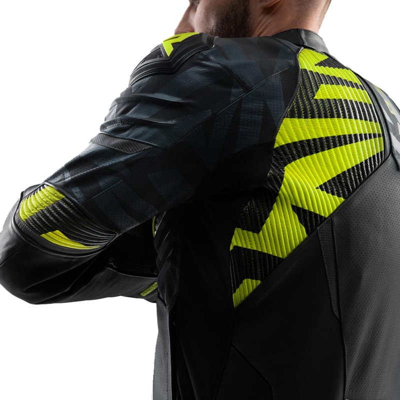 Giacca da motociclista in pelle Rebelhorn Vandal 2 nera-grigia-giallo fluo