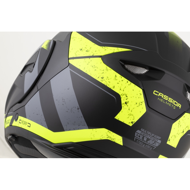 Casco da motocicletta apribile Cassida MultiFlip Korp nero opaco-giallo fluo-grigio