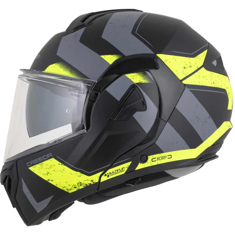 Casco da motocicletta apribile Cassida MultiFlip Korp nero opaco-giallo fluo-grigio
