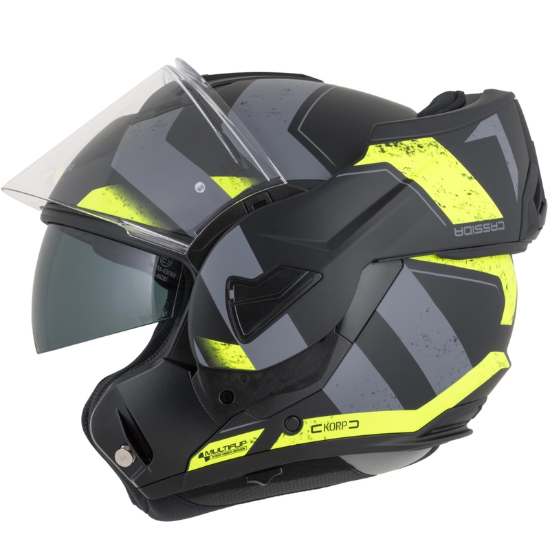 Casco da motocicletta apribile Cassida MultiFlip Korp nero opaco-giallo fluo-grigio