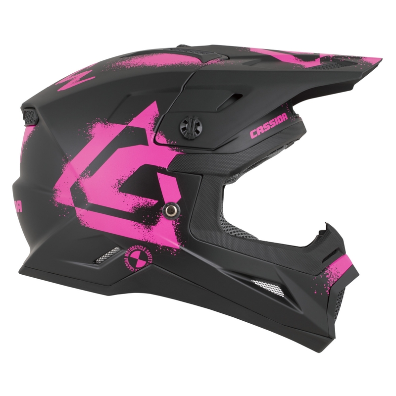 Casco da motocross per bambini Cassida Cross Cup 2 Crew Junior nero opaco-rosa fluo