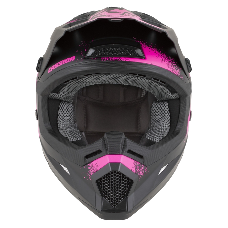 Casco da motocross per bambini Cassida Cross Cup 2 Crew Junior nero opaco-rosa fluo