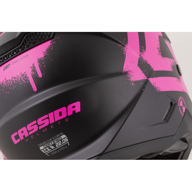 Casco da motocross per bambini Cassida Cross Cup 2 Crew Junior nero opaco-rosa fluo