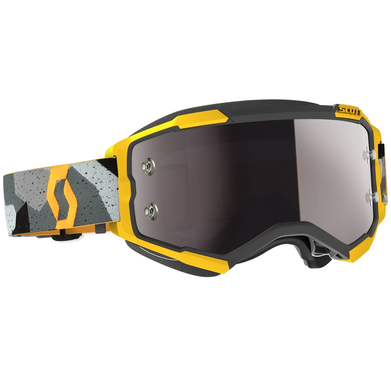 Maschera da motocross SCOTT Fury CH camo grigio-giallo con plexiglass specchiato argento