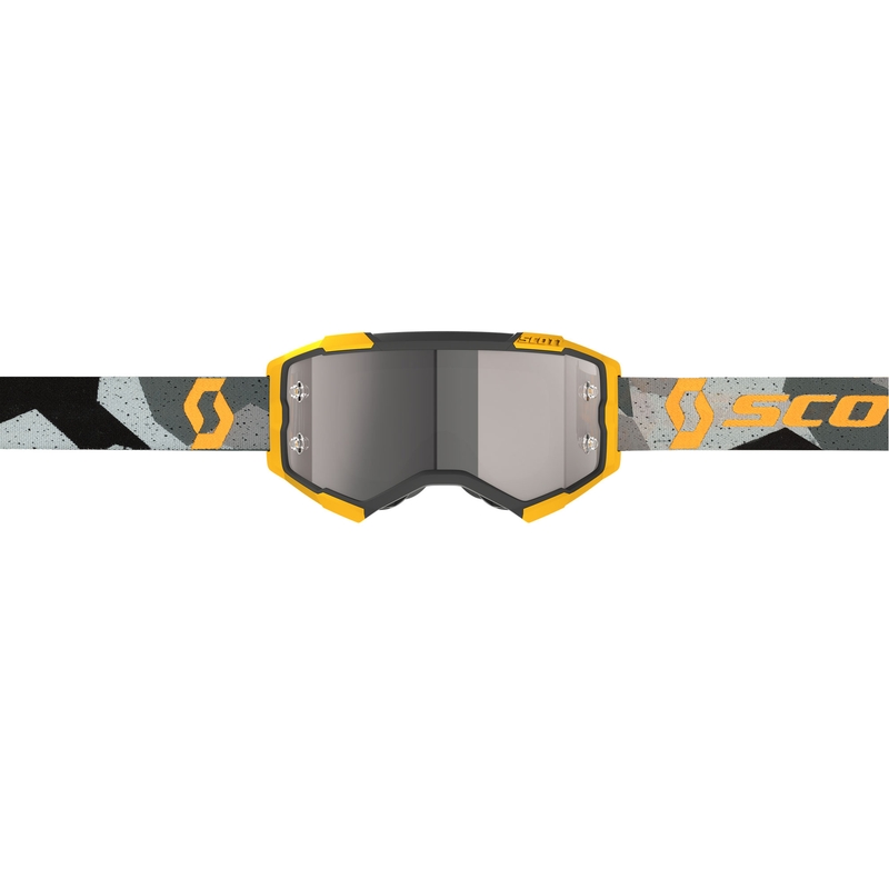 Maschera da motocross SCOTT Fury CH camo grigio-giallo con plexiglass specchiato argento