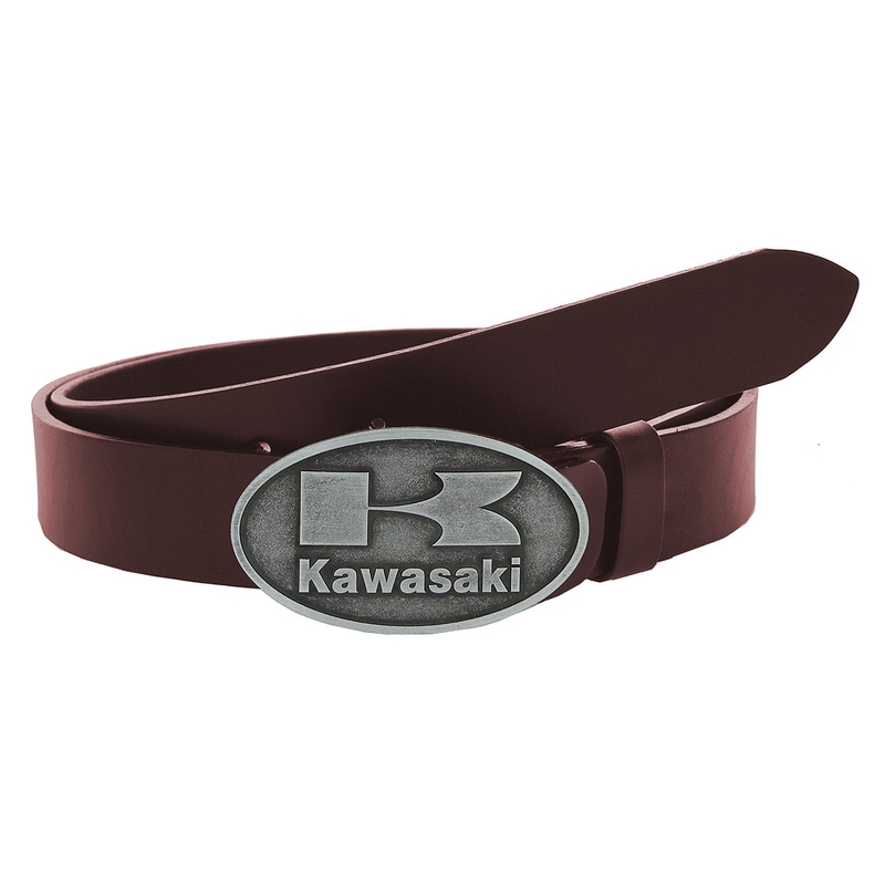 Cintura moto in pelle con fibbia Kawasaki marrone