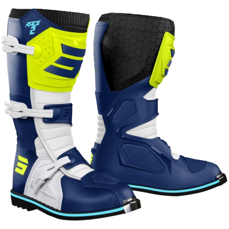 Stivali da moto Shot Race 2 blu-bianco-giallo fluo