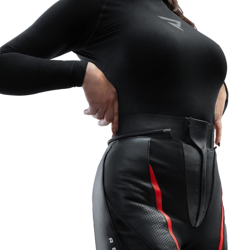 Pantaloni da motociclista in pelle da donna Rebelhorn Diva nero-rosso