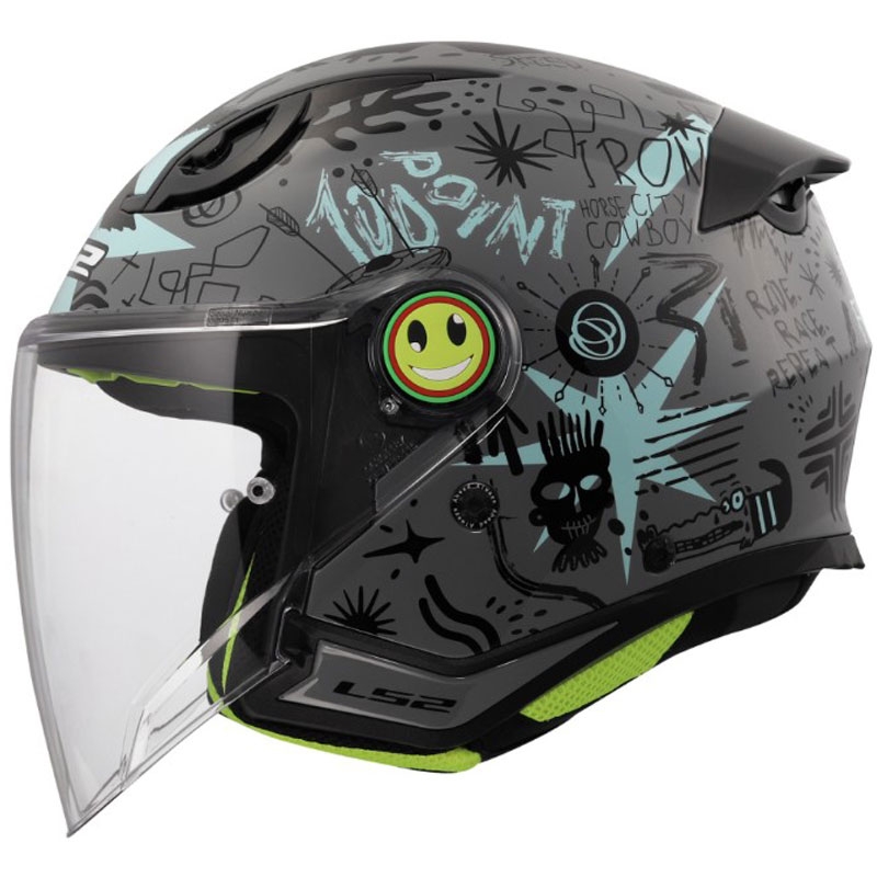 Casco da moto jet per bambini LS2 OF622 Funny II Scribble grigio-blu lucido