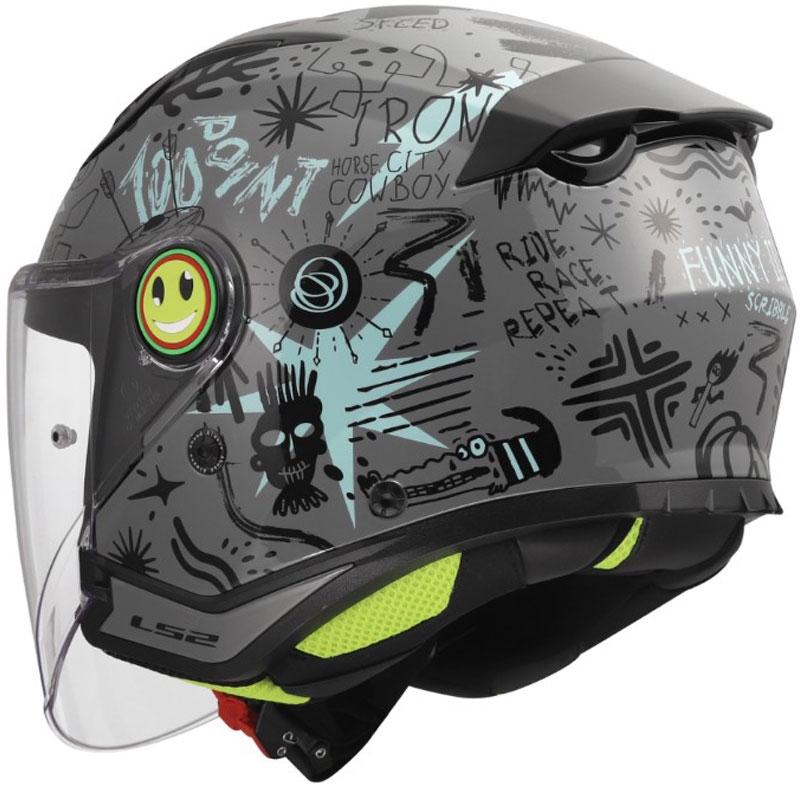 Casco da moto jet per bambini LS2 OF622 Funny II Scribble grigio-blu lucido