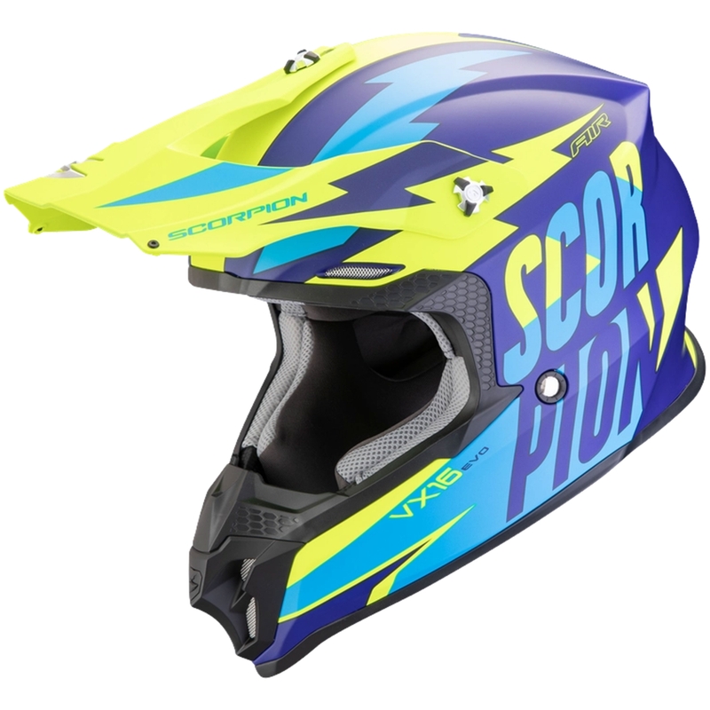 Casco da motocross Scorpion VX-16 EVO AIR Slanter blu opaco-giallo fluo Saldi