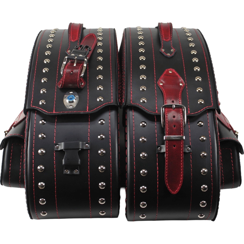 Borse laterali in pelle per moto con rivetti RSA S261B nero-rosso
