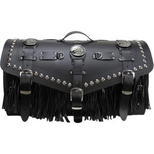 Valigia in pelle per moto con serratura, rivetti e frange RSA K183 nera