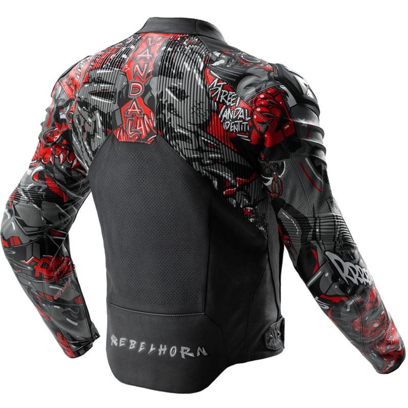 Giacca da motociclista in pelle Rebelhorn Vandal 2 Cruze nera-grigio scuro-rossa