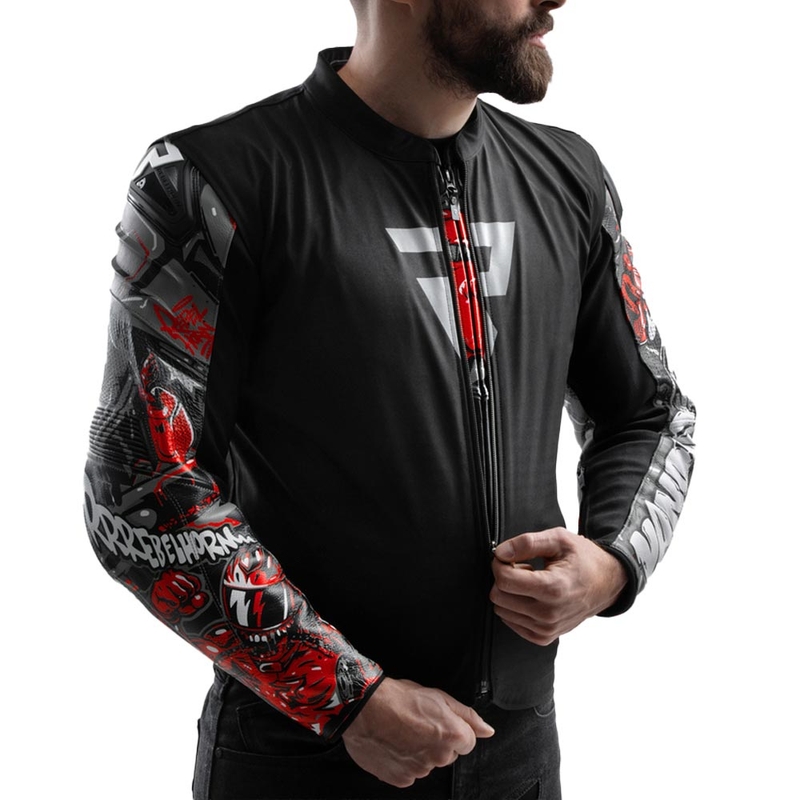 Giacca da motociclista in pelle Rebelhorn Vandal 2 Cruze nera-grigio scuro-rossa