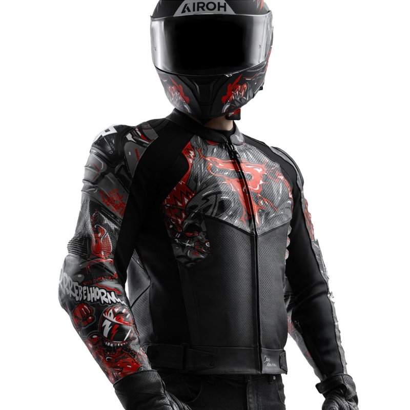 Giacca da motociclista in pelle Rebelhorn Vandal 2 Cruze nera-grigio scuro-rossa