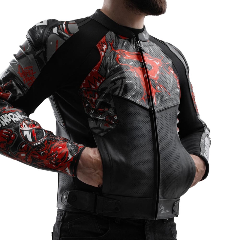 Giacca da motociclista in pelle Rebelhorn Vandal 2 Cruze nera-grigio scuro-rossa