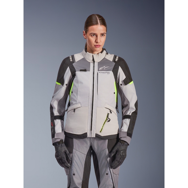Giacca da moto da donna Alpinestars Stella Andes V4 Drystar Grigio scuro-Grigio chiaro-Nero-Giallo fluo