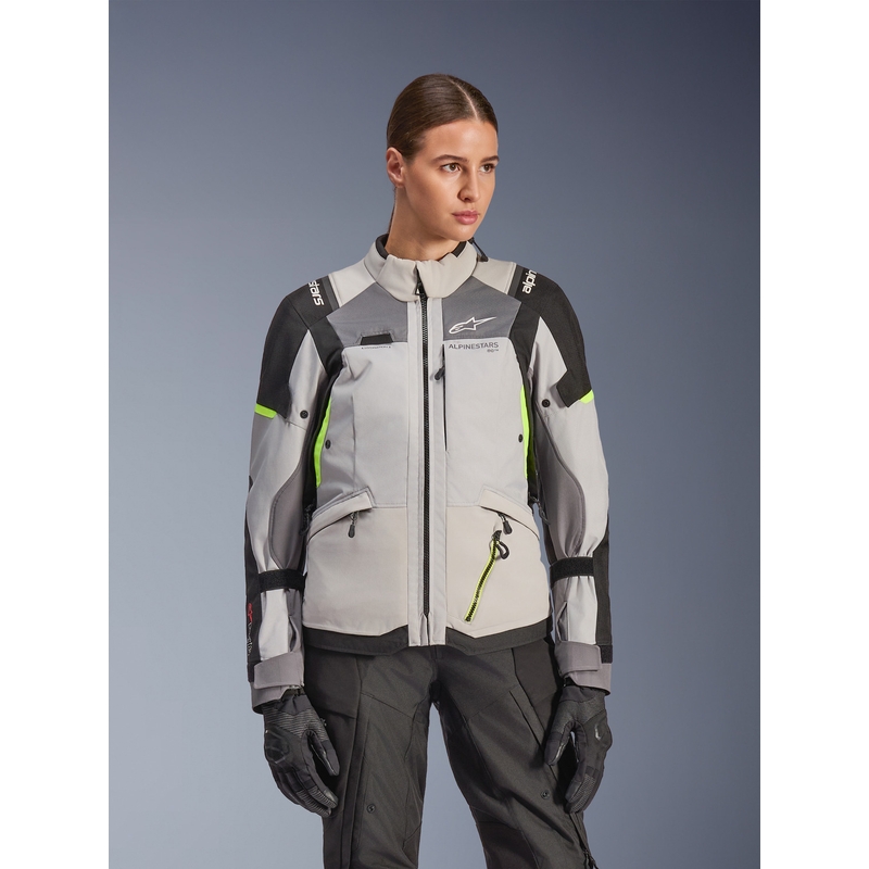 Giacca da moto da donna Alpinestars Stella Andes V4 Drystar Grigio scuro-Grigio chiaro-Nero-Giallo fluo