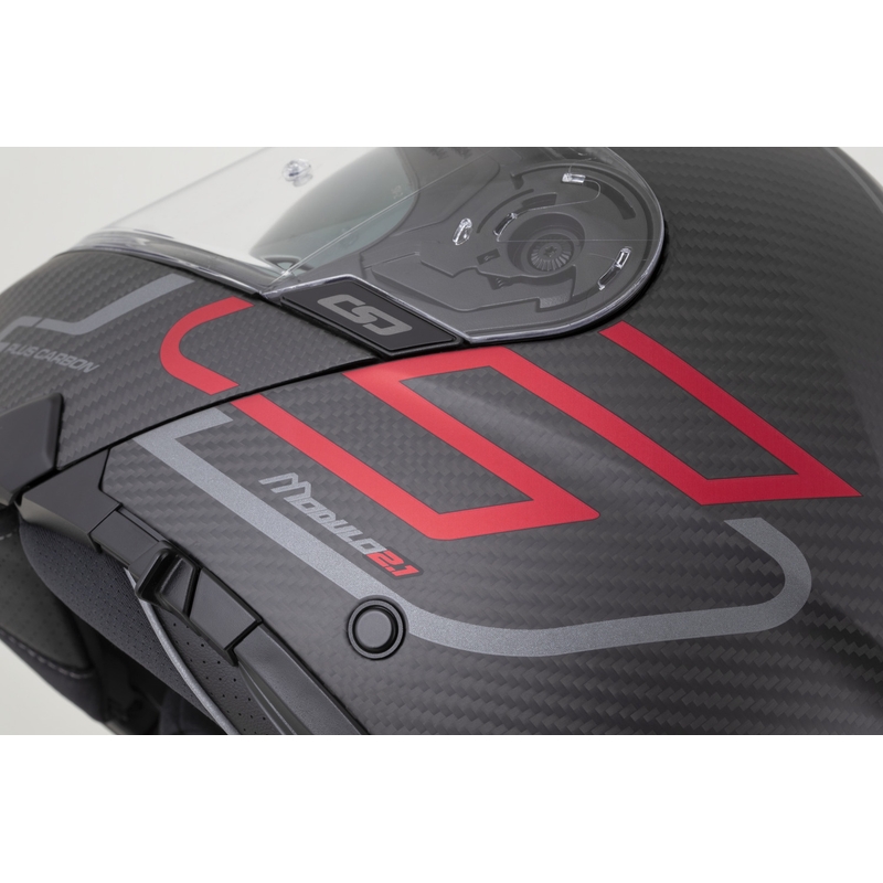 Casco da moto modulare Cassida Modulo 2.1 Plus Carbon BlackOut nero opaco-rosso metallizzato-argento riflettente-nero