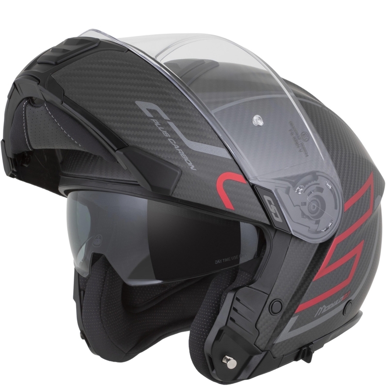 Casco da moto modulare Cassida Modulo 2.1 Plus Carbon BlackOut nero opaco-rosso metallizzato-argento riflettente-nero