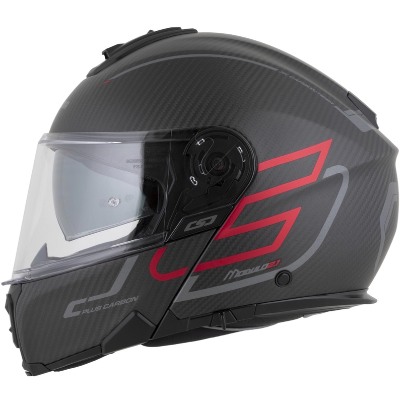 Casco da moto modulare Cassida Modulo 2.1 Plus Carbon BlackOut nero opaco-rosso metallizzato-argento riflettente-nero