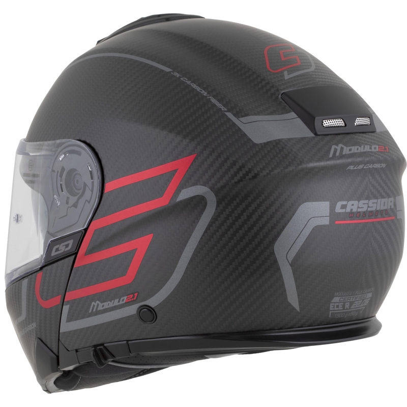 Casco da moto modulare Cassida Modulo 2.1 Plus Carbon BlackOut nero opaco-rosso metallizzato-argento riflettente-nero