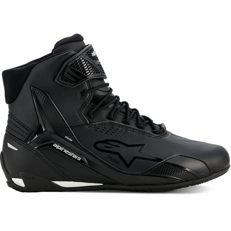 Stivali da moto da donna Alpinestars Stella Faster-4 Drystar, neri e argento.