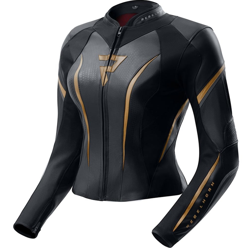 Giacca da motociclista in pelle da donna Rebelhorn Diva ST nero-oro