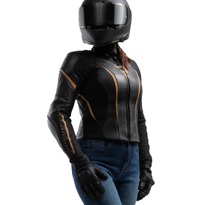 Giacca da motociclista in pelle da donna Rebelhorn Diva ST nero-oro