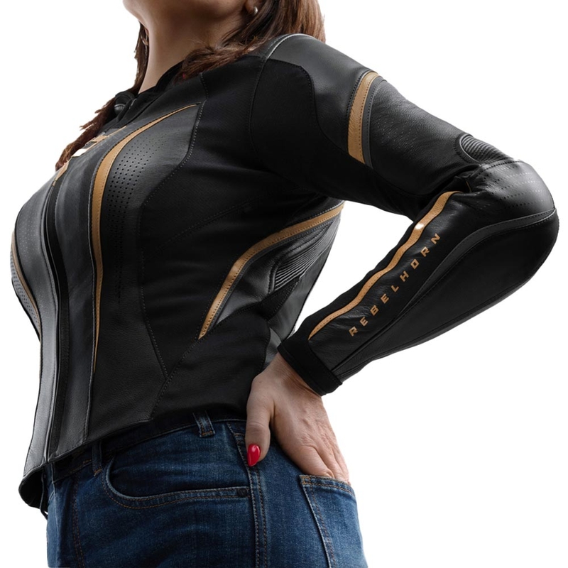 Giacca da motociclista in pelle da donna Rebelhorn Diva ST nero-oro