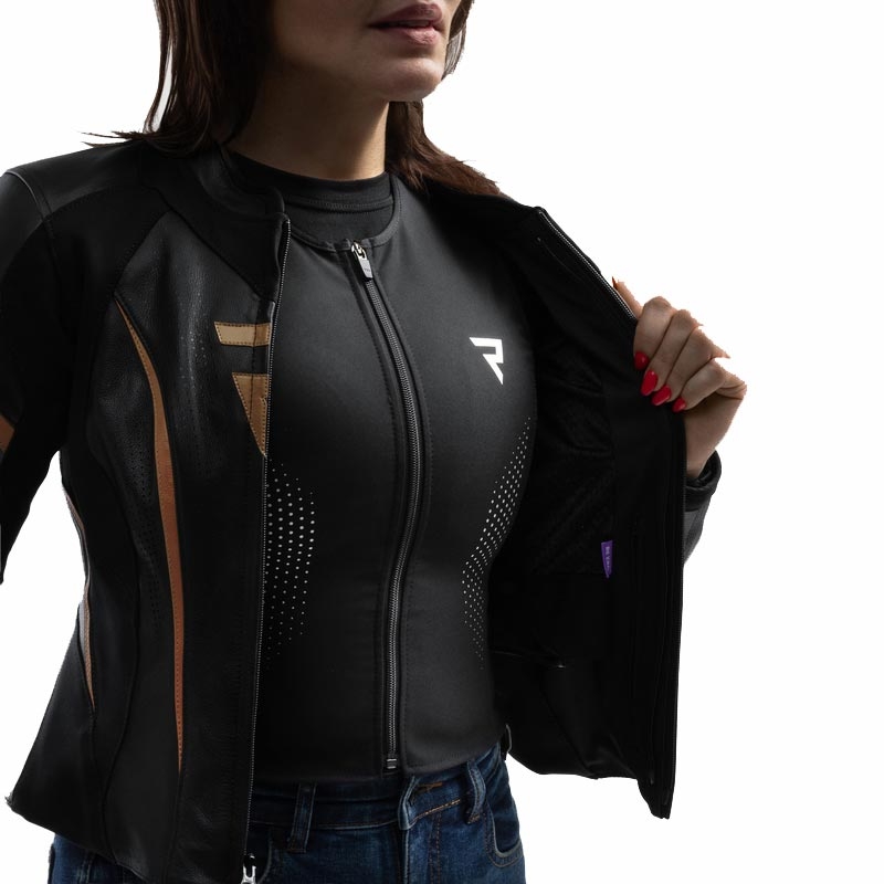 Giacca da motociclista in pelle da donna Rebelhorn Diva ST nero-oro