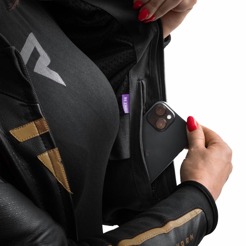 Giacca da motociclista in pelle da donna Rebelhorn Diva ST nero-oro