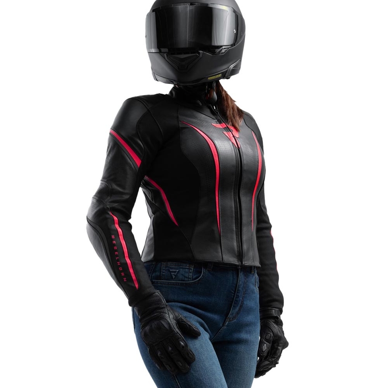 Giacca da motociclista in pelle da donna Rebelhorn Diva ST nero-rosa