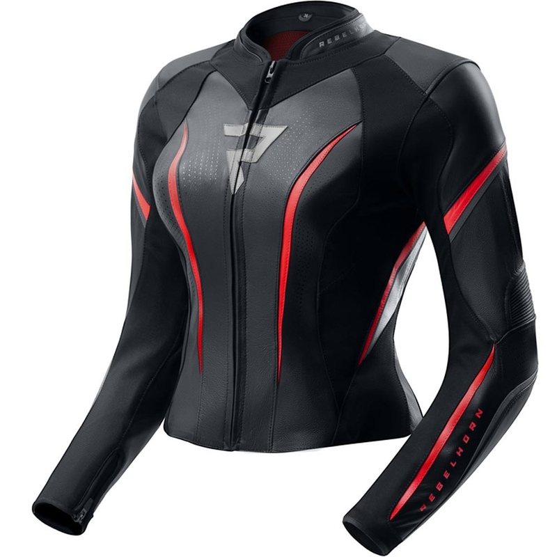 Giacca da motociclista in pelle da donna Rebelhorn Diva ST nero-rosso-bianco