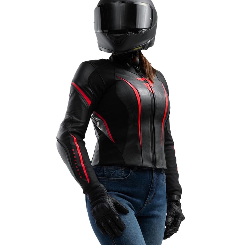 Giacca da motociclista in pelle da donna Rebelhorn Diva ST nero-rosso-bianco