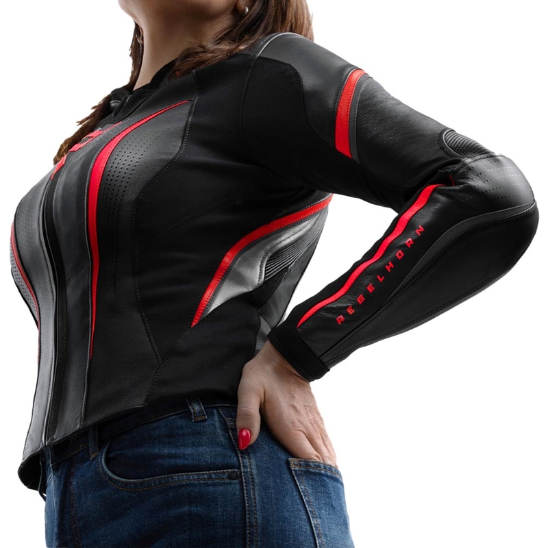 Giacca da motociclista in pelle da donna Rebelhorn Diva ST nero-rosso-bianco